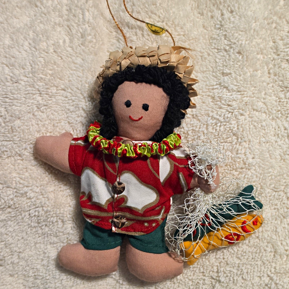 Handmade Hawaiian Fisherman Doll Hanging Ornament 5 Inch with Fish, Net & Lei 5"
